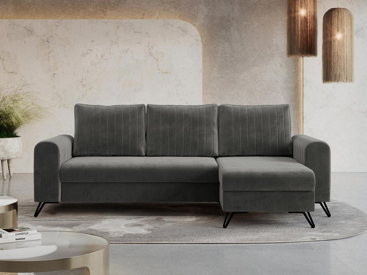 ECKSOFA Axel Velvet Grau - Schwarz/Grau, Textil/Metall (242/140cm) - MKS