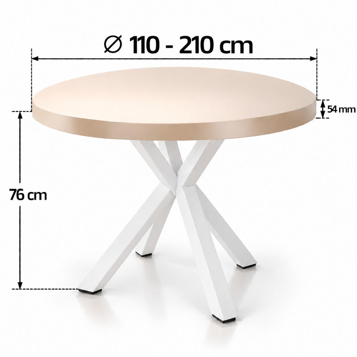 ESSTISCH rund ausziehbar 110/210/76 cm, Kaschmir, 54 cm Tischplatte + Metall Weiß - Kaschmir, Holzwerkstoff/Metall (110/210/76cm) - Damale Möbel