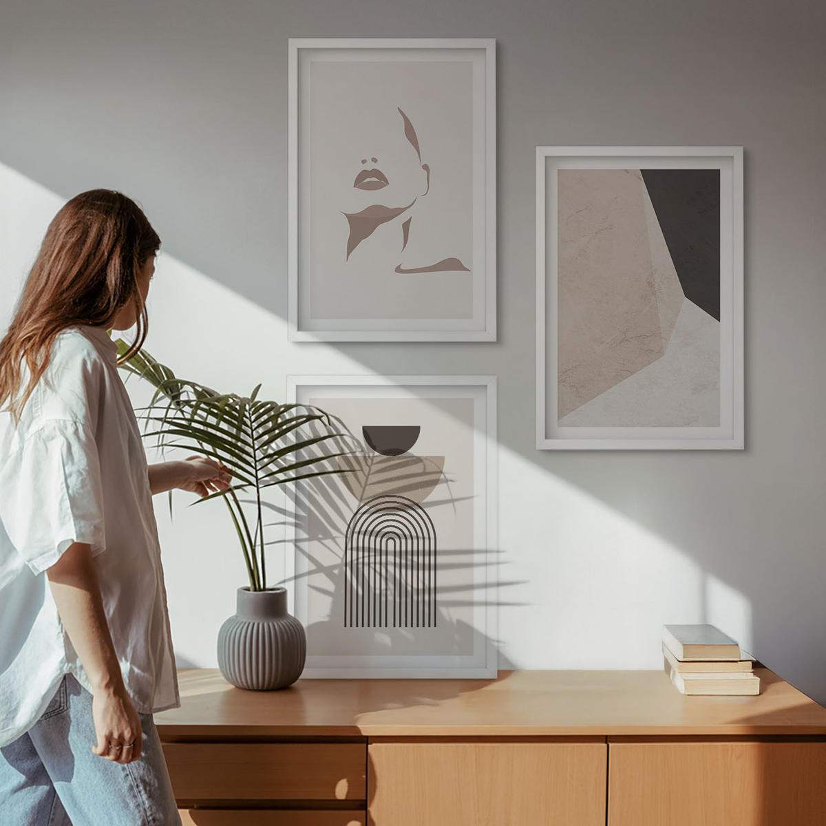 BILDER SET 3er Set - 40x60 cm Weißer Rahmen - Abstrakte Gesichtsformen - Weiß, Kunststoff (40/60cm) - TULUP