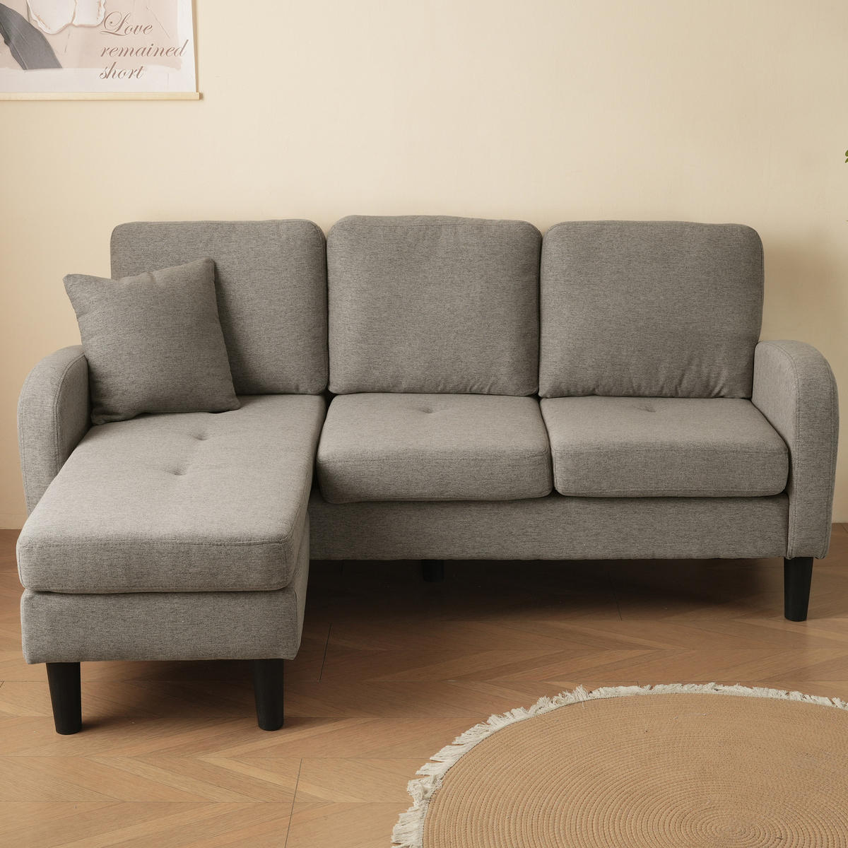 ECKSOFA 166x118x77cm Baumwoll-Leinen Chaiselongue 3-Sitzer - Grau, Holz (107.95/52.07cm) - FLIEKS