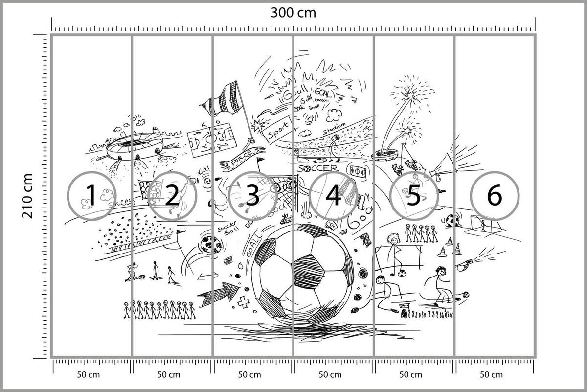 FOTOTAPETE für Kinderzimmer Fußball Skizzen Tor Stadion Sport 300x210 - Schwarz/Weiß, Papier (300/210cm) - Muralo