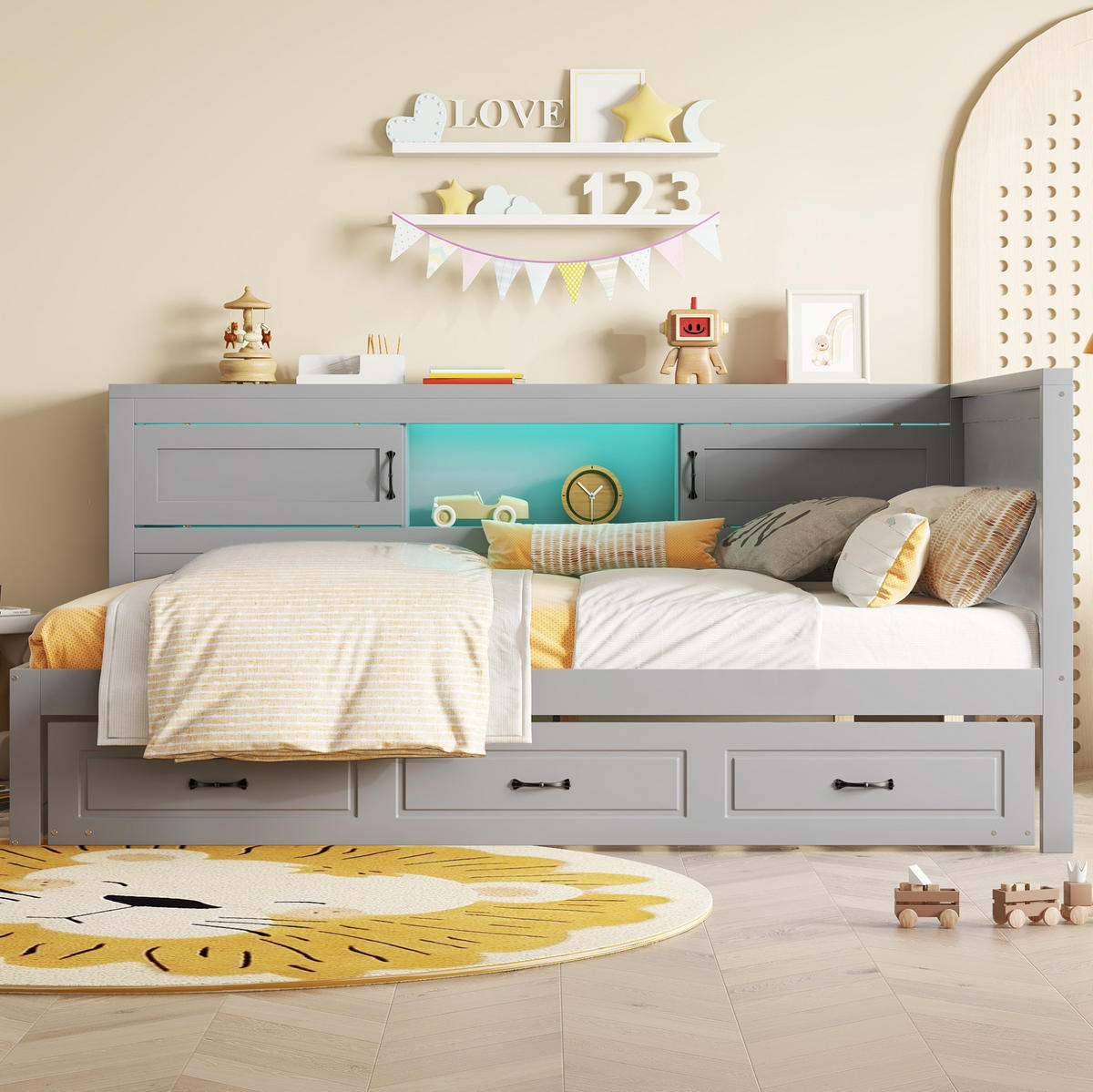 BETT 90/200 cm Grau aus Spanplatte und MDF mit LED-Beleuchtung und Bett - Grau, Holzwerkstoff (90/200cm) - OKMYHOME