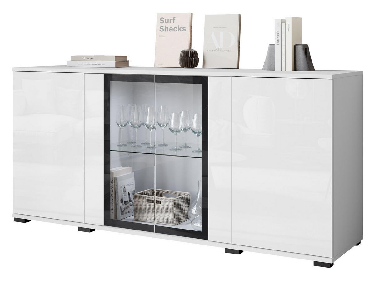 KOMMODE Caro SB 154 4D mit weißer LED Beleuchtung - Schwarz/Weiß, Holzwerkstoff/Kunststoff (150/70/40cm) - MIRJAN24