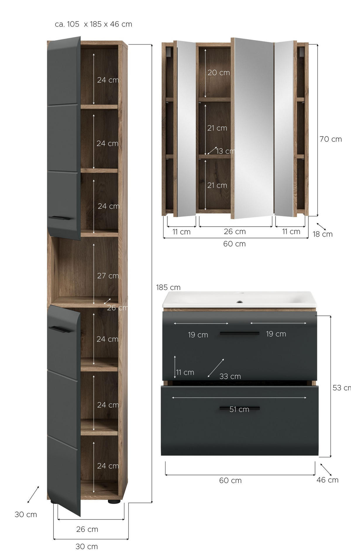BADEZIMMER Alba 4-tlg. (B/H/T: ca. 105/185/46 cm) in Nox Oak /schwarz matt - Eichefarben, Holz (105/185/46cm)