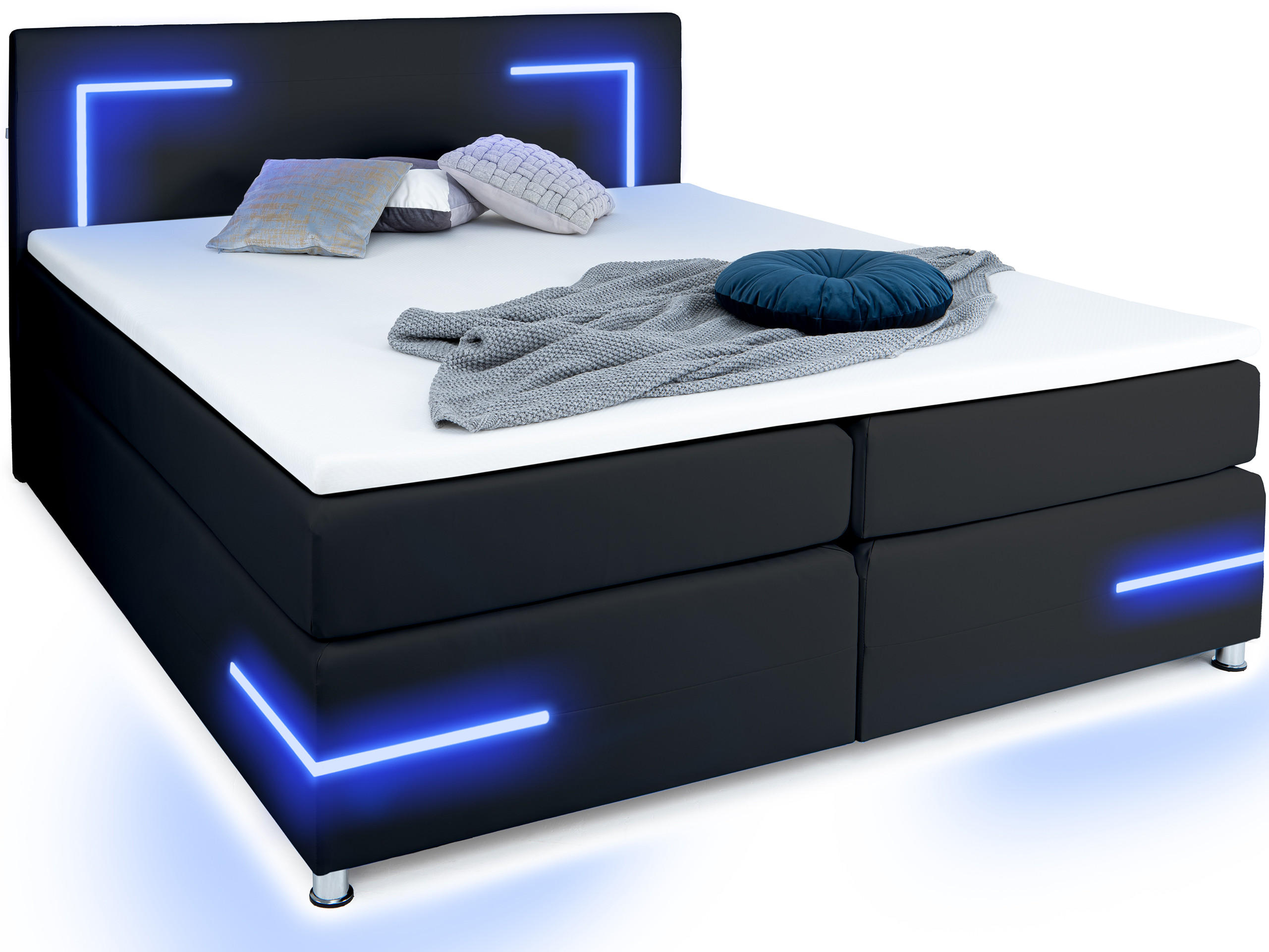 BOXSPRINGBETT Lights 2.0 Schwarz 180/200 cm H3/H4 Kunstleder - Schwarz, Textil (180/200cm) - wonello