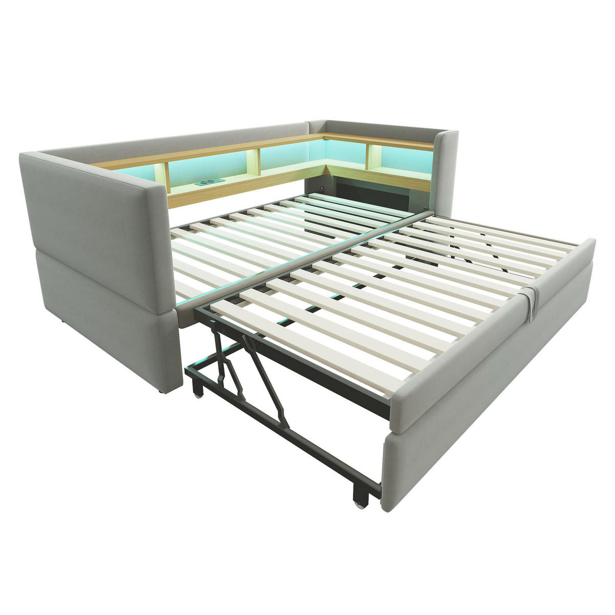 POLSTERBETT 90/180 cm Hellgrau Ausziehbett mit LED-Beleuchtung Steckdosen und Ablagefächern - Hellgrau, Textil (90/190cm) - OKWISH