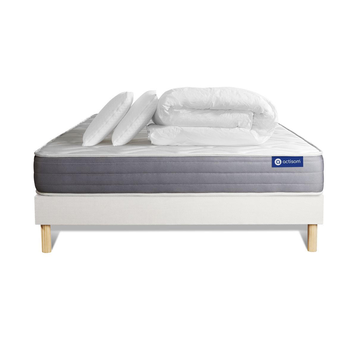 BETT Actiflex dream Taschenfederkern und Memory-Schaum 140 x 200 cm h1 - Kit Bettgestell Weiß - Mit Kissen und Bettdecke - Beige/Weiß, Karton/Holz (140/200cm) - ACTISOM