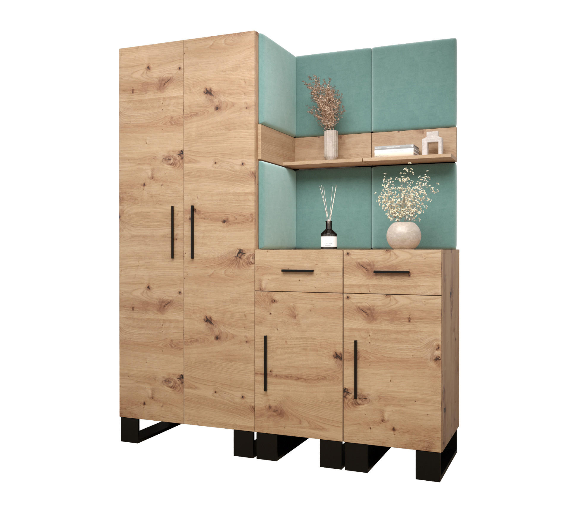 Abiks Möbel Garderoben-Set Eiche Artisan, Mintgrün 158x196x45.6 cm