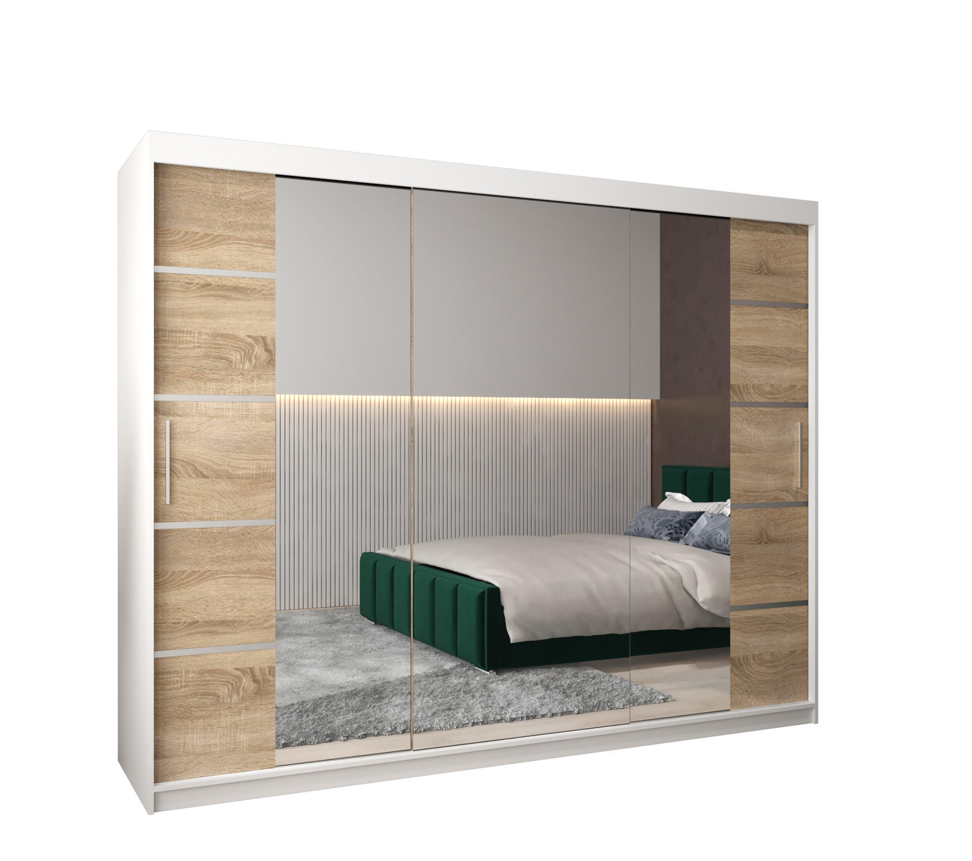 Möbel Kryspol Schwebetürenschrank Weiß, Sonoma Eiche, Silber 250x200x62 cm