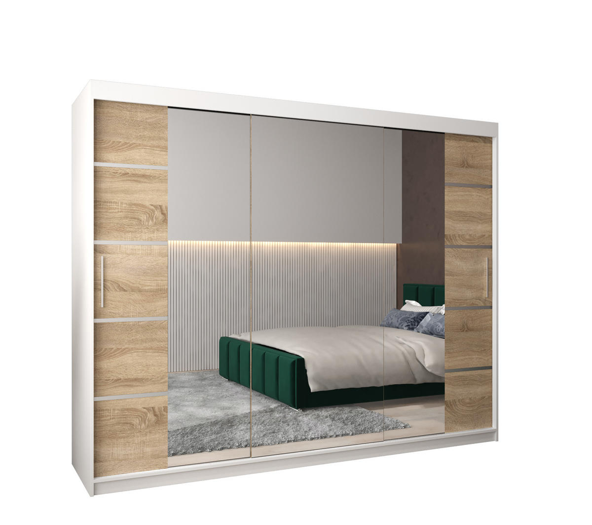 SCHWEBETÜRENSCHRANK 200/250/62 3-türig - Silberfarben/Weiß, Holz/Kunststoff (250/200/62cm) - Abiks Möbel