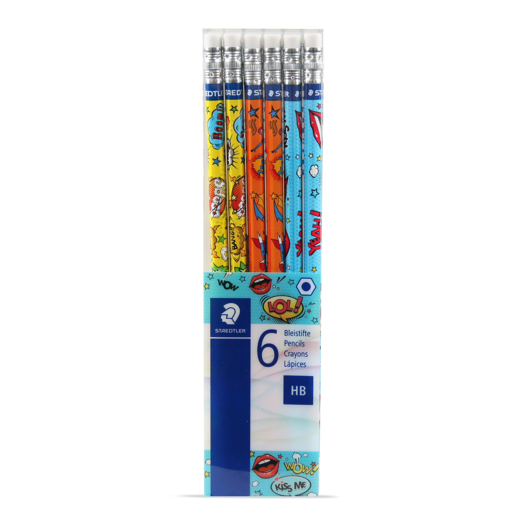 BLEISTIFT 1 x 6er Set Zeichenstifte aus Holz für Kinder und Erwachsende, Comic Design - Vorgespitzte Holzstifte mit Radiergummi zum Malen - Rot/Multicolor, Naturmaterialien (9/19cm) - Bestlivings