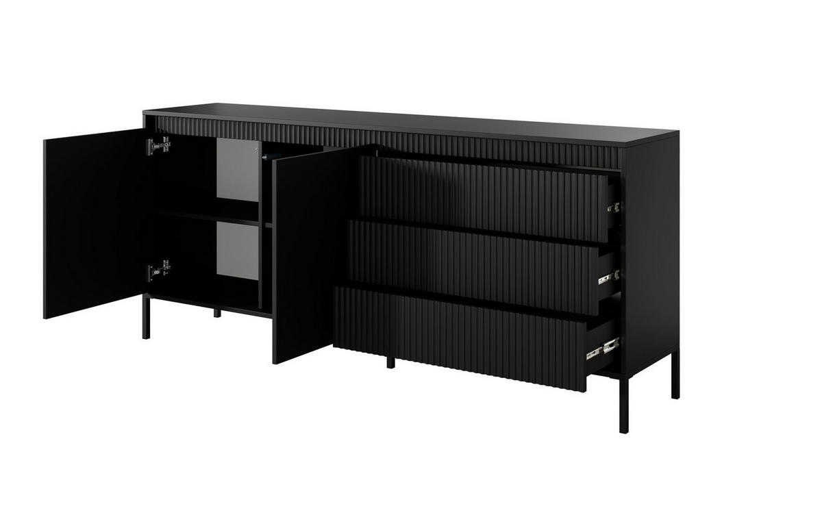 SIDEBOARD Ferrato C 187 cm Schwarz - mit 2 Türen und 3 geriffelten Schubladen rechts - Schwarz, Holz/Holzwerkstoff (187/81/39cm) - Ravio