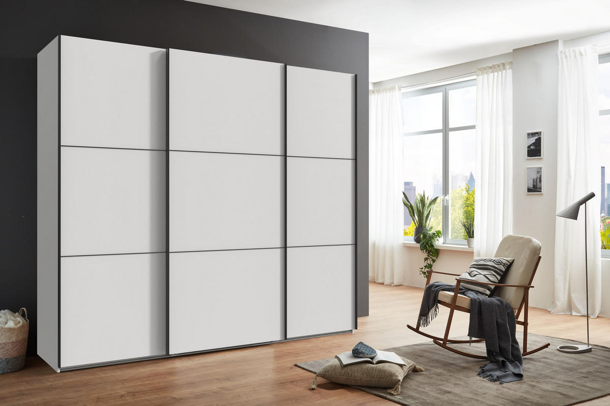 SCHWEBETÜRENSCHRANK 3-türig B250/H216/T65 cm inkl. Vollausstattung in Weiß / 22010 - Schwarz/Weiß, Holzwerkstoff/Metall (250/216/65cm) - luma-home