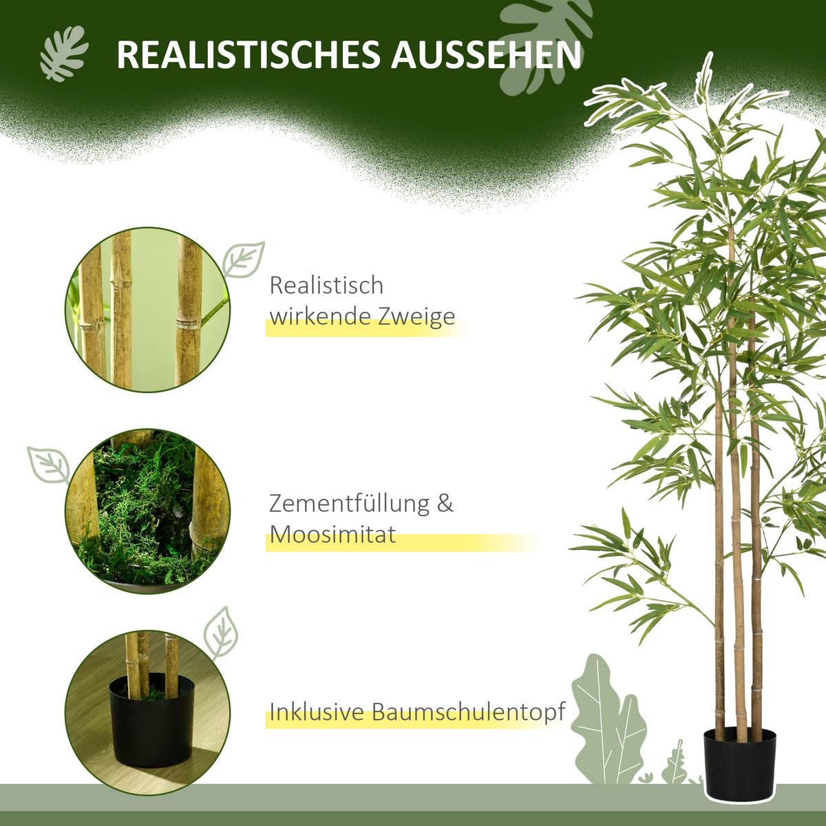 KÜNSTLICHE PFLANZEN 180 cm Kunstpflanze mit 830 Blätter, Grün - Grün, Kunststoff (180cm) - HOMCOM