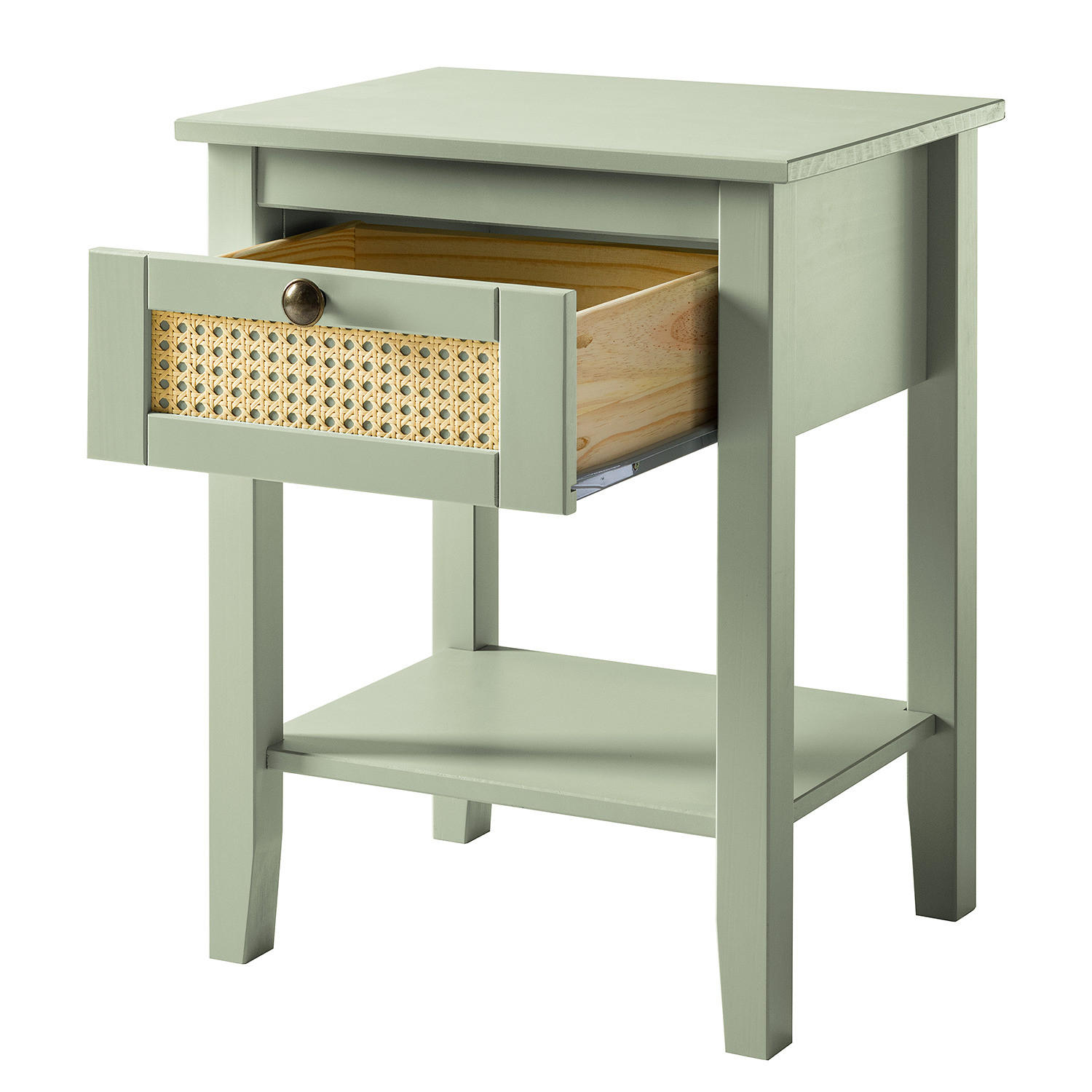 NACHTTISCH - Kiefer massiv / Wiener Geflecht - Olivgrün, Holz (48/60/35cm) - home24
