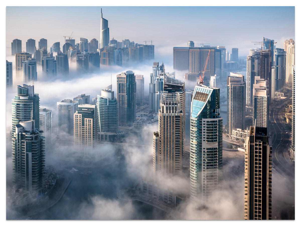 FOTOTAPETE für Büro Dubai Nebel Wolkenkratzer Skyline Panorama 500x350 - Blau/Beige, Papier (500/350cm) - Muralo