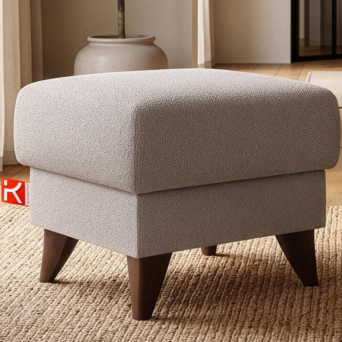 HOCKER GUSTAVO Fußstütze, Bouclé, Grau - Grau, Holz/Holzwerkstoff (53/49/53cm) - KONSIMO®