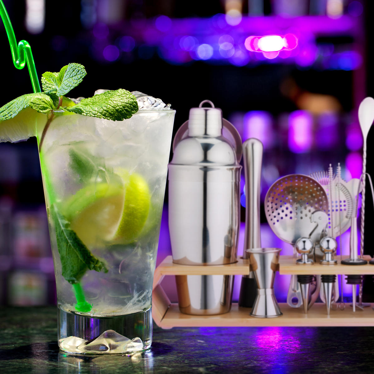 KOKTAILOVÁ súprava - strieborná, kov/drevo (32/26/10.5cm) - Relaxdays