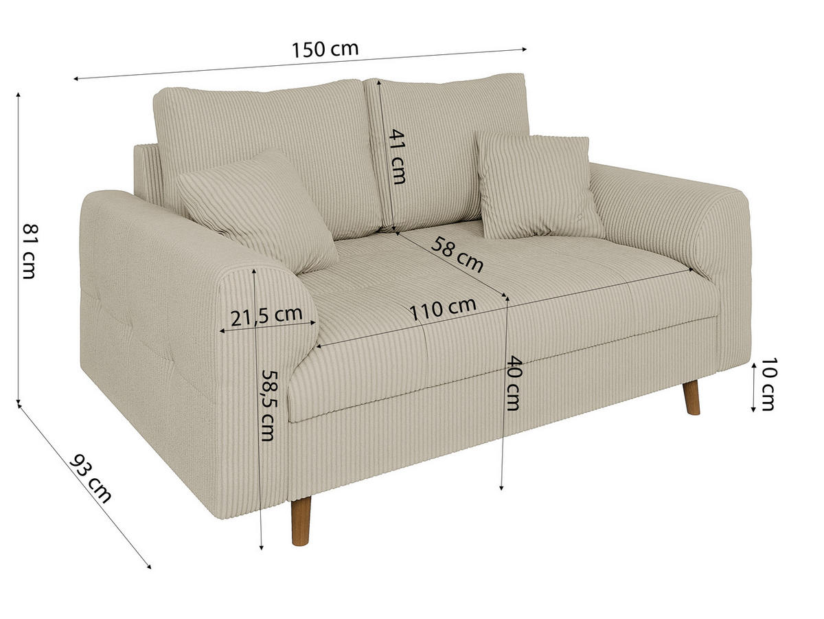 2-SITZER-SOFA Alma Beige Cord - Beige/Braun, Holz/Textil (150/81/93cm) - S-Style Möbel