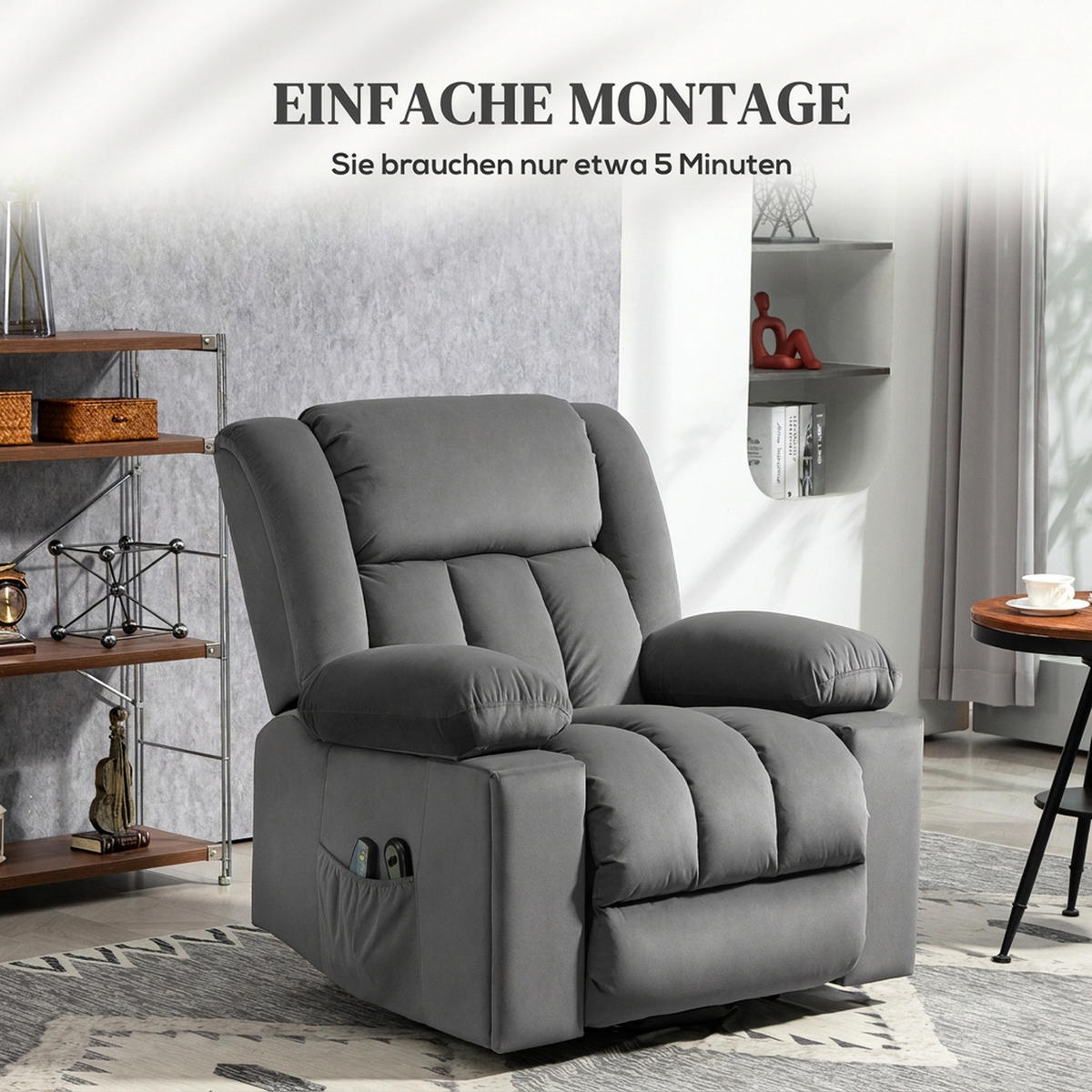 RECLINERFÅTÖLJ med uppresningshjälp Relaxfåtölj med massage-/värme-/liggfunktion - Mörkgrå, Textil (93/104/101cm) - HOMCOM