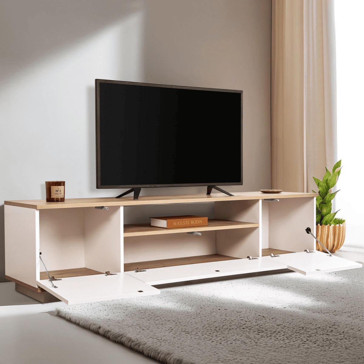 TV furniture with 3 folding doors and 1 niche, L180 cm - Weiß, Holzwerkstoff (44.5/44.6/180cm) - Calicosy