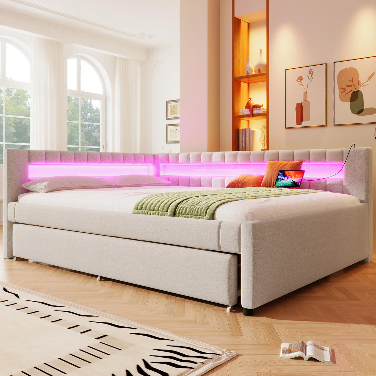POLSTERBETT aus Leinen und MDF 140x200 cm in Beige mit LED & Ausziehbett - Beige, Textil (140/200cm) - Modfu
