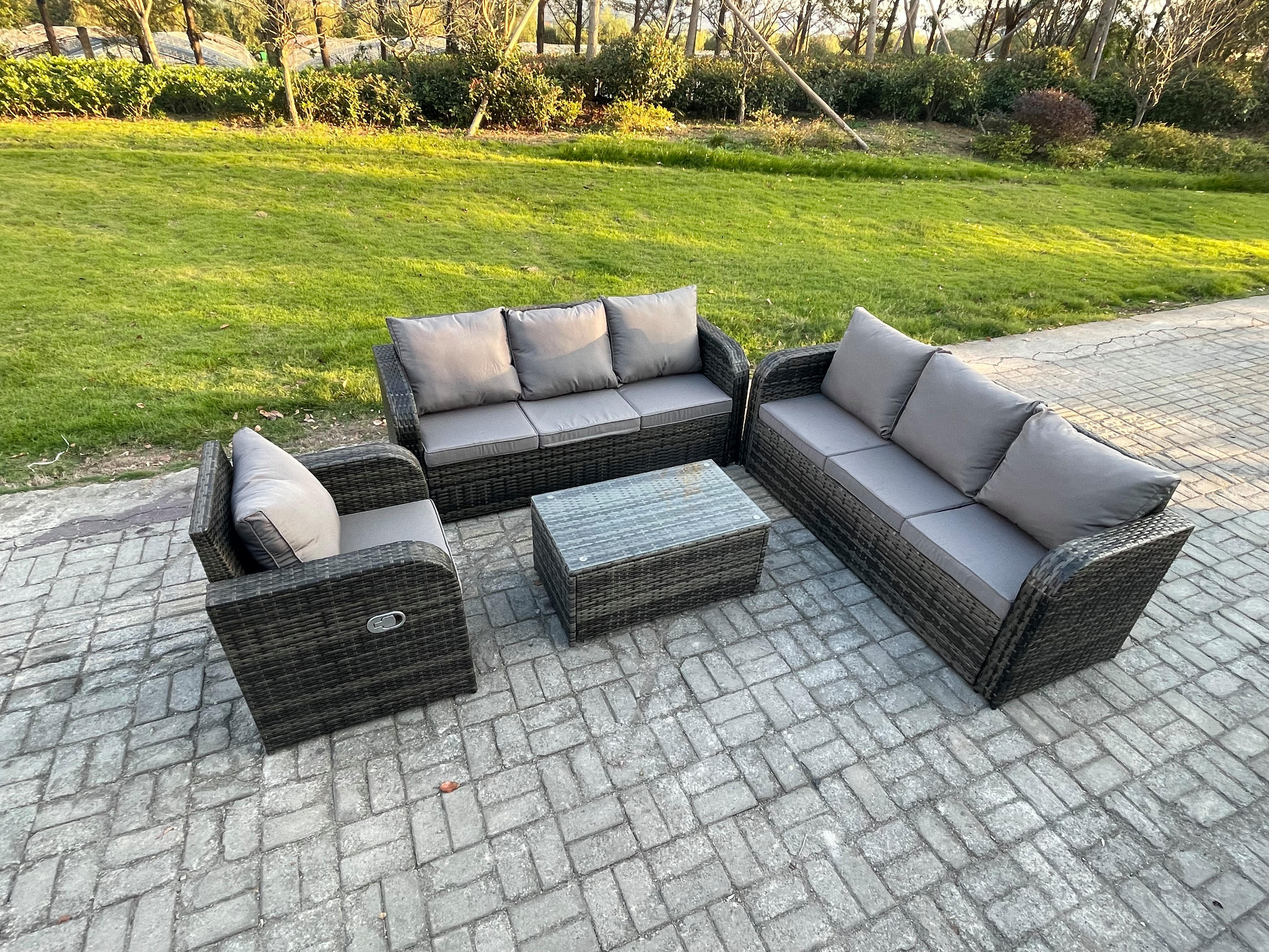 GARTENMÖBEL-SET mit Kissen Polyrattan Dunkelgrau 7-Sitzer - Dunkelgrau/Grau, Glas/Kunststoff - Fimous
