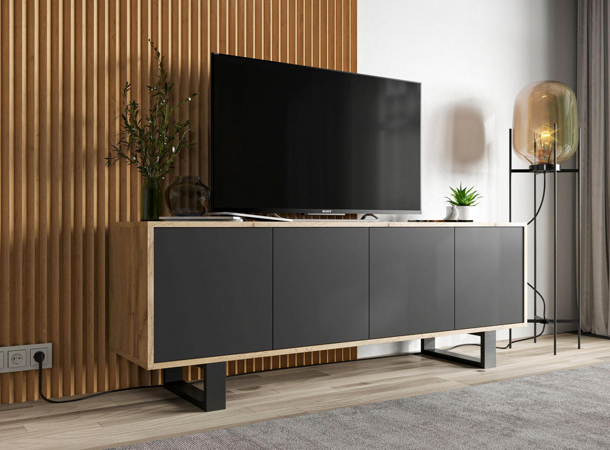 TV-SCHRANK Apollo2 Eiche wotan Schwarz Matt mit Metallbeinen 150 cm - Schwarz, Holzwerkstoff/Metall (150/53/35cm) - Meble Lindner