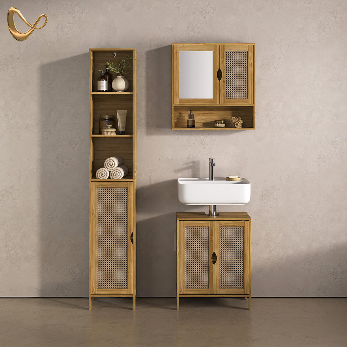 BADMÖBEL-SET Mincio, Bambus, 3dílná - přírodní, kompozitní dřevo (50/60/29cm) - Livinity®