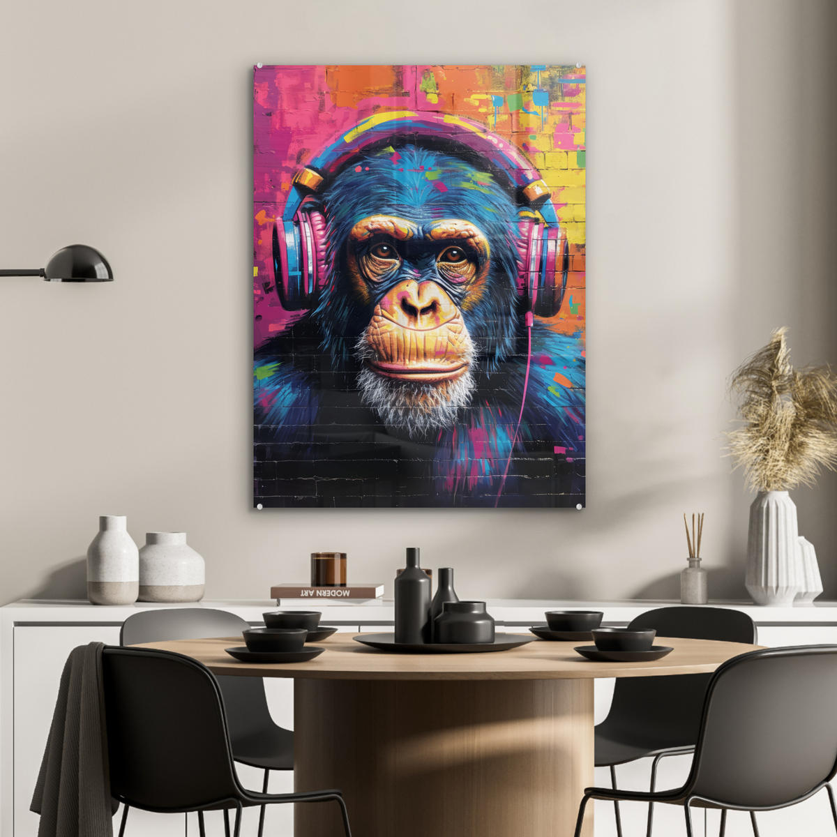 ACRYLGLASBILD Graffiti - Schimpanse - Straßenkunst - Kopfhörer - Affe 60x80 cm - Blau, Glas (60/80cm) - MuchoWow