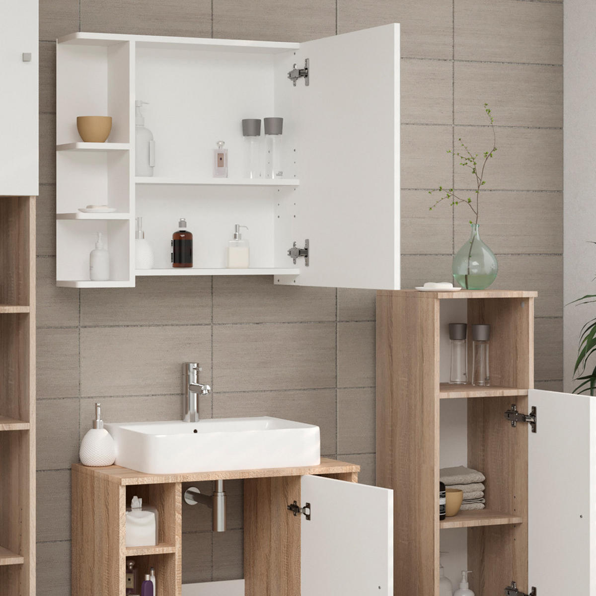 BADMÖBEL-SET Fynn Sonoma 3 Teile, mit Midischrank - Weiß/Sonoma Eiche, Holzwerkstoff (60/54/32cm) - Vicco