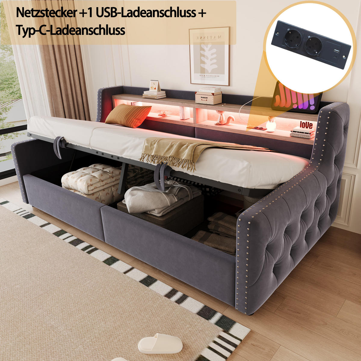 POLSTERBETT 90x200 cm LED USB Stauraum grau - Grau, Textil (90/200cm) - Fortuna Lai