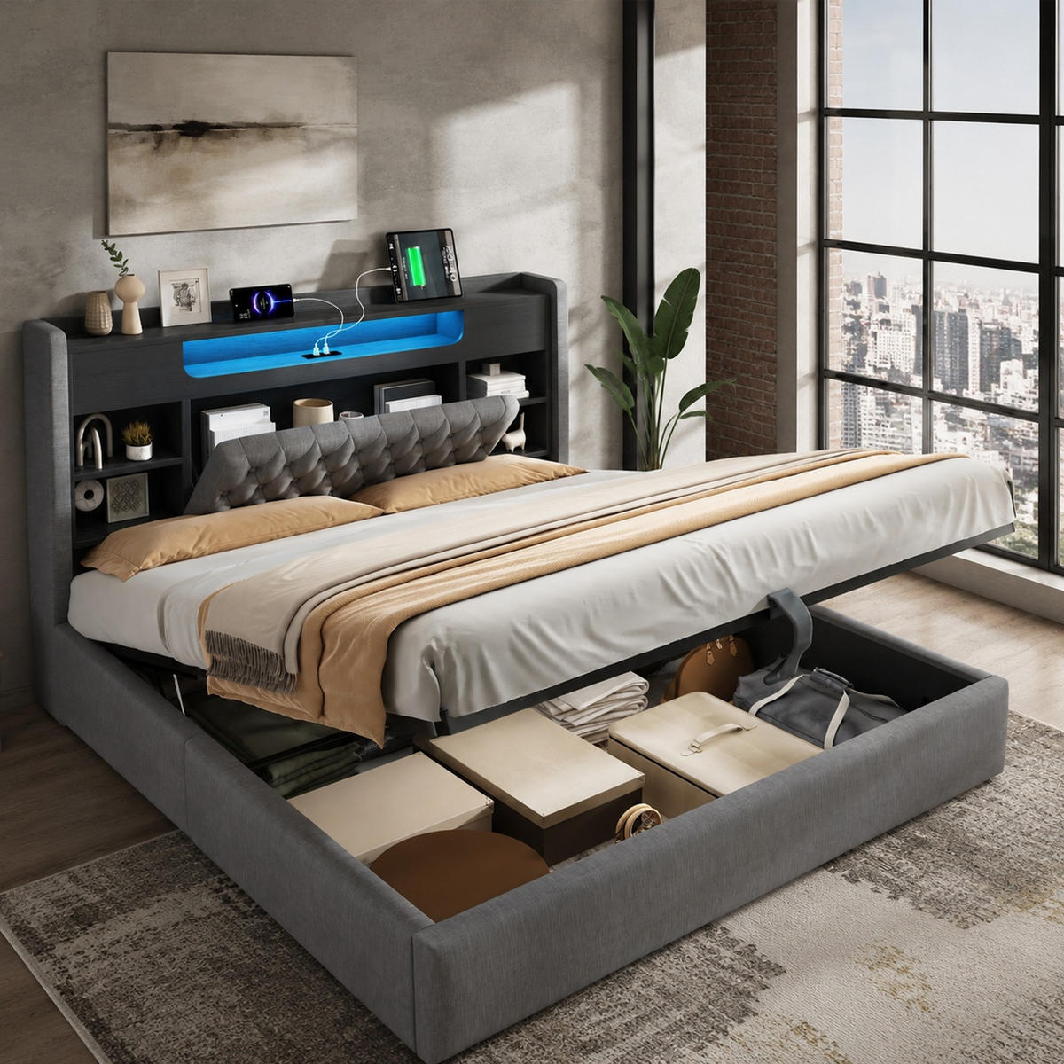 POLSTERBETT 180/200 mit Bettkasten, LED und USB/Type-C in Grau - Grau, Holzwerkstoff/Textil (180/200cm) - EVRYAE