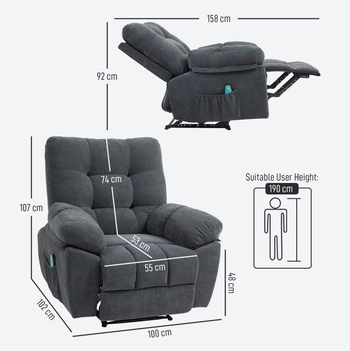 RELAXSESSEL in Dunkelgrau 100x102x107 cm mit Vibrationsmassage und Liegefunktion - Dunkelgrau, Textil (102/107/100cm) - IVMEU