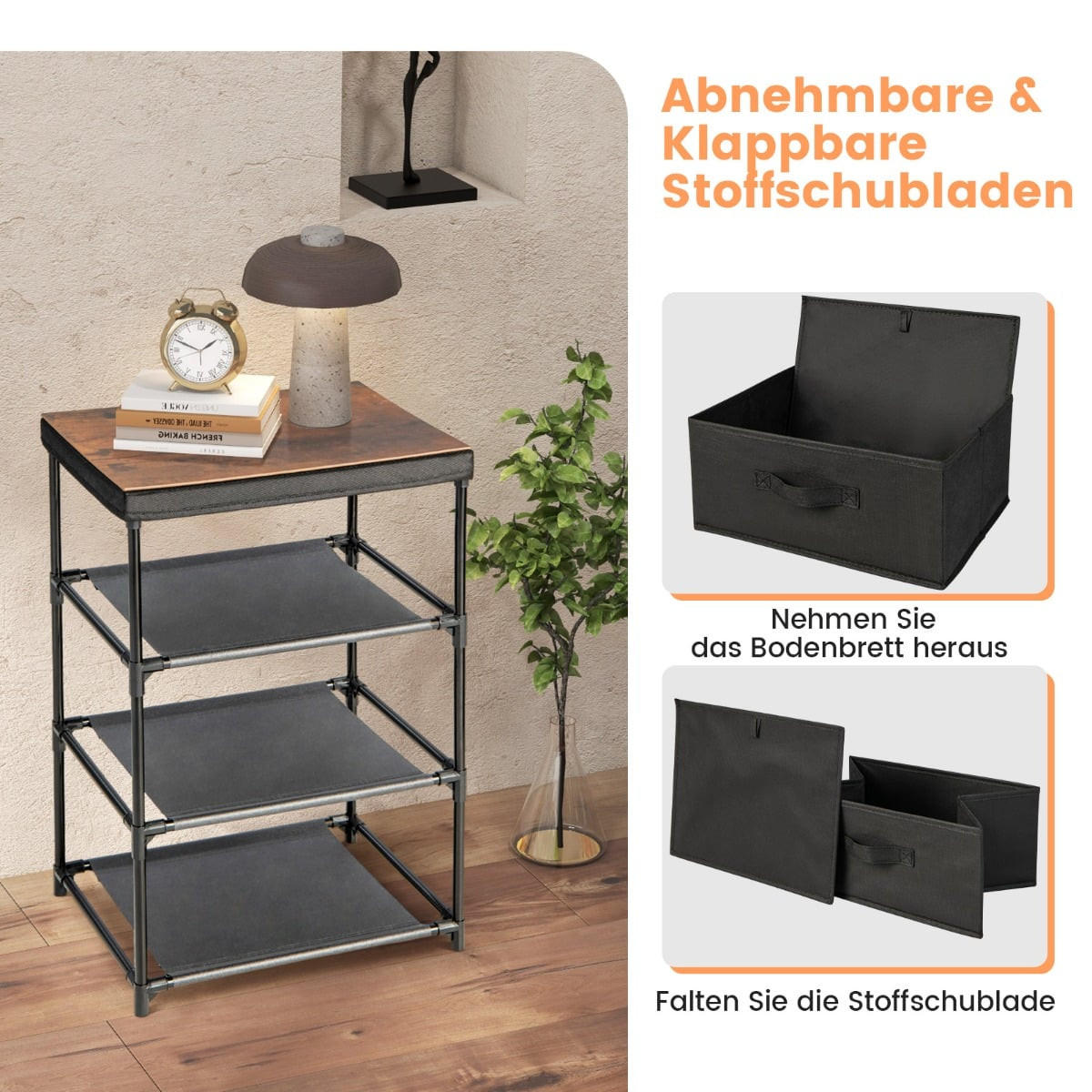NACHTTISCH mit 3 Stoffschubladen, Metallrahmen, 40 x 30 x 62 cm, Schwarz, 2er-Set - Schwarz, Textil (40/62/30cm) - DESIGN IN