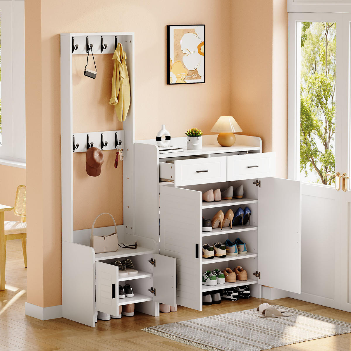 GARDEROBE-SET Schuhschrank 8 Haken 6 Ablagen Weiß - Weiß, Holzwerkstoff (125/165/32cm) - FLIEKS