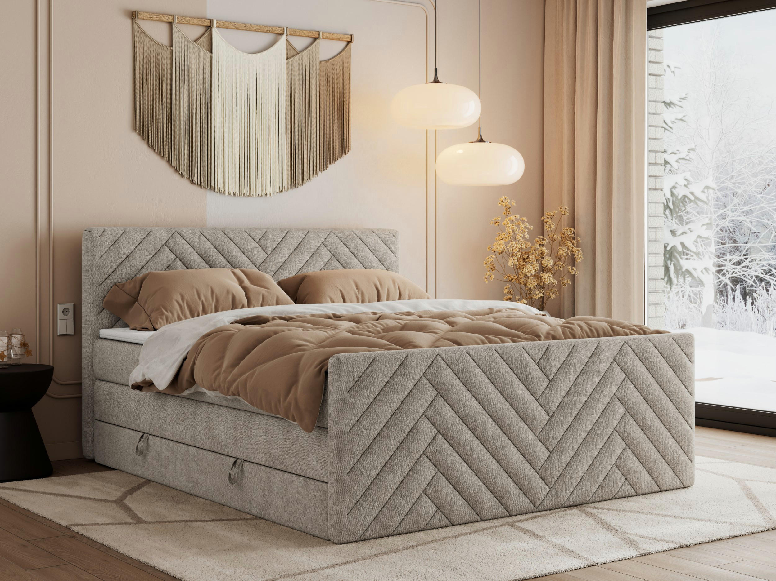 BOXSPRINGBETT PARIS KING DUO - 120/200 - Beige Struktur - H3 - Beige, Holz/Textil (120/200cm) - MKS
