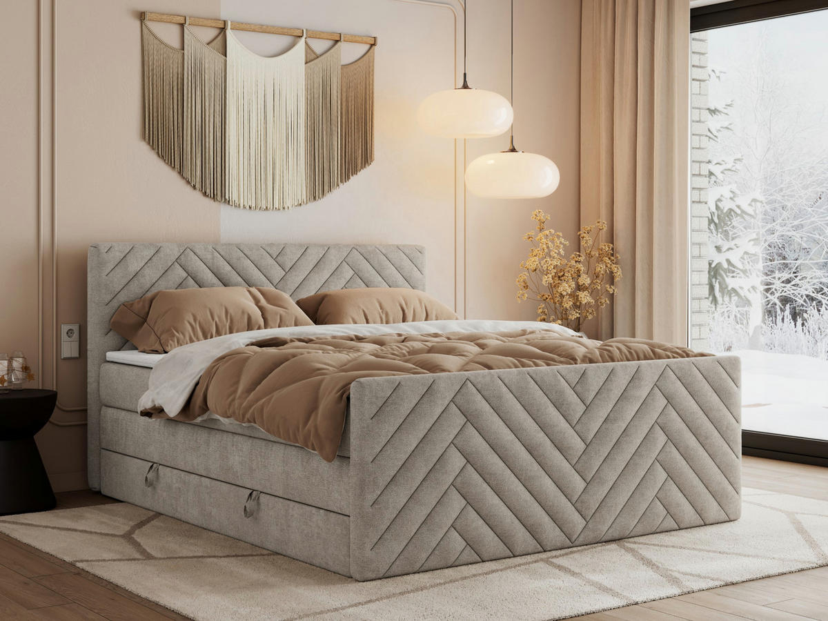 BOXSPRINGBETT PARIS KING DUO - 140/200 - Beige Struktur - H3 - Beige, Holz/Textil (140/200cm) - MKS