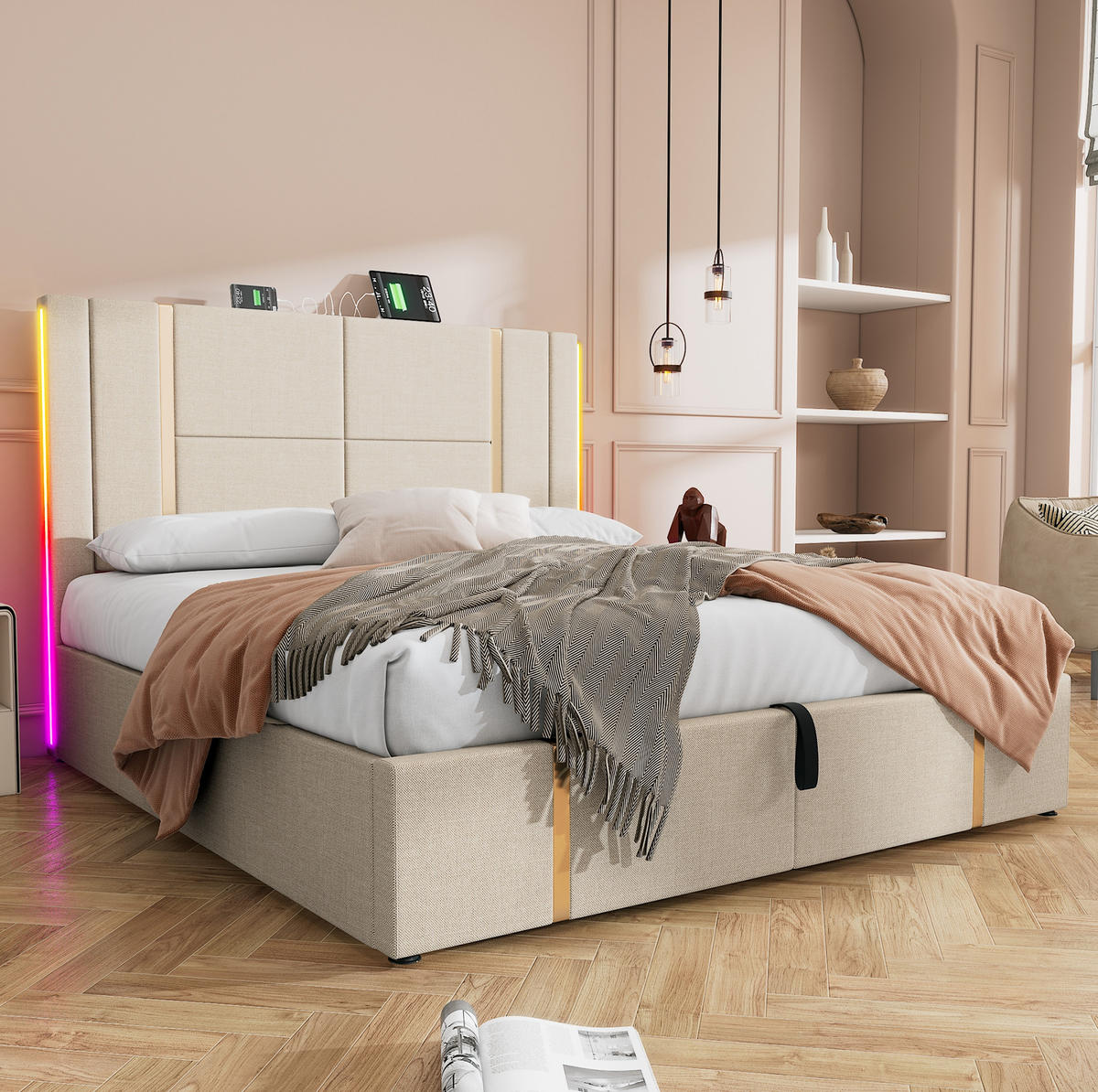 BETT mit Stauraum LED und Ladefunktion 140x200 cm Leinen Beige - Beige, Metall (140/200cm) - Meubliv