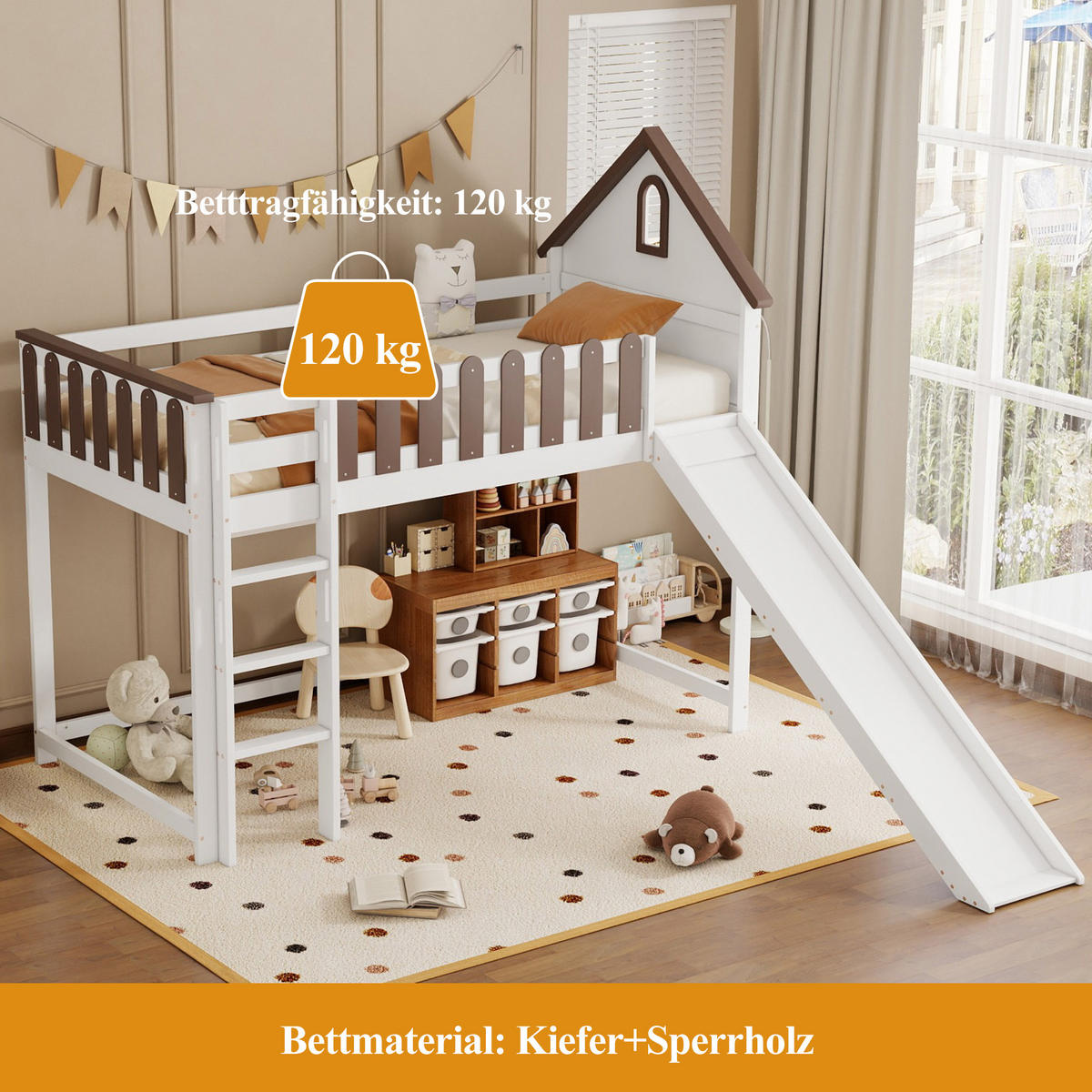 HOCHBETT 90/200 cm mit Rutsche und Dach in Weiß/Naturholz - Weiß, Holzwerkstoff (90/200cm) - Flora Grace