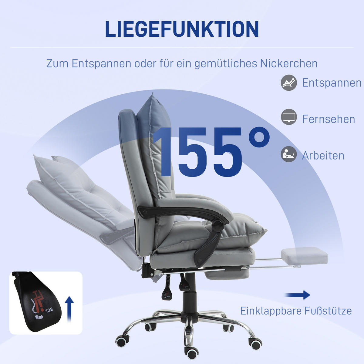 BÜROSTUHL mit Liegefunktion, Hellgrau - Hellgrau, Kunststoff (66/130/72cm) - Vinsetto