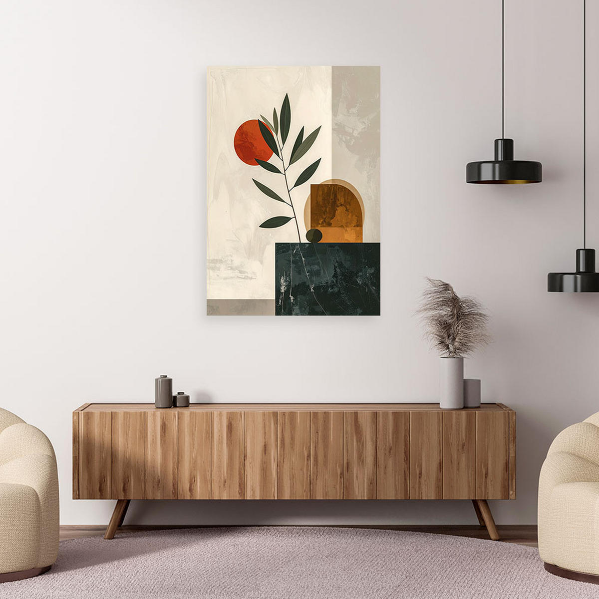 BILD auf Leinwand, Eine minimalistische Komposition mit Blättern und einer orangefarbenen Sonne. - Beige, Textil (70/100cm) - Feeby
