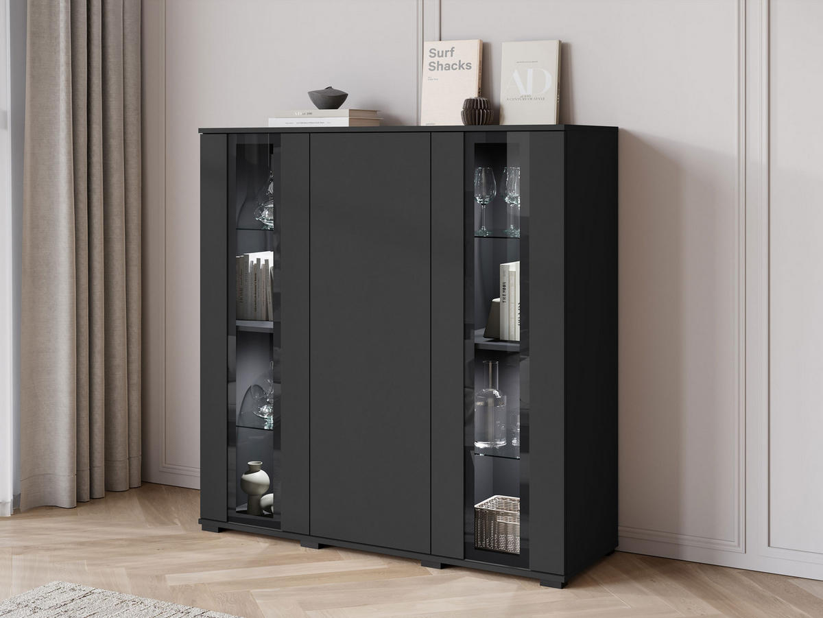 KOMMODE Caro HB 120 mit weißer LED Beleuchtung - Schwarz, Holzwerkstoff/Kunststoff (120/122/40cm) - MIRJAN24