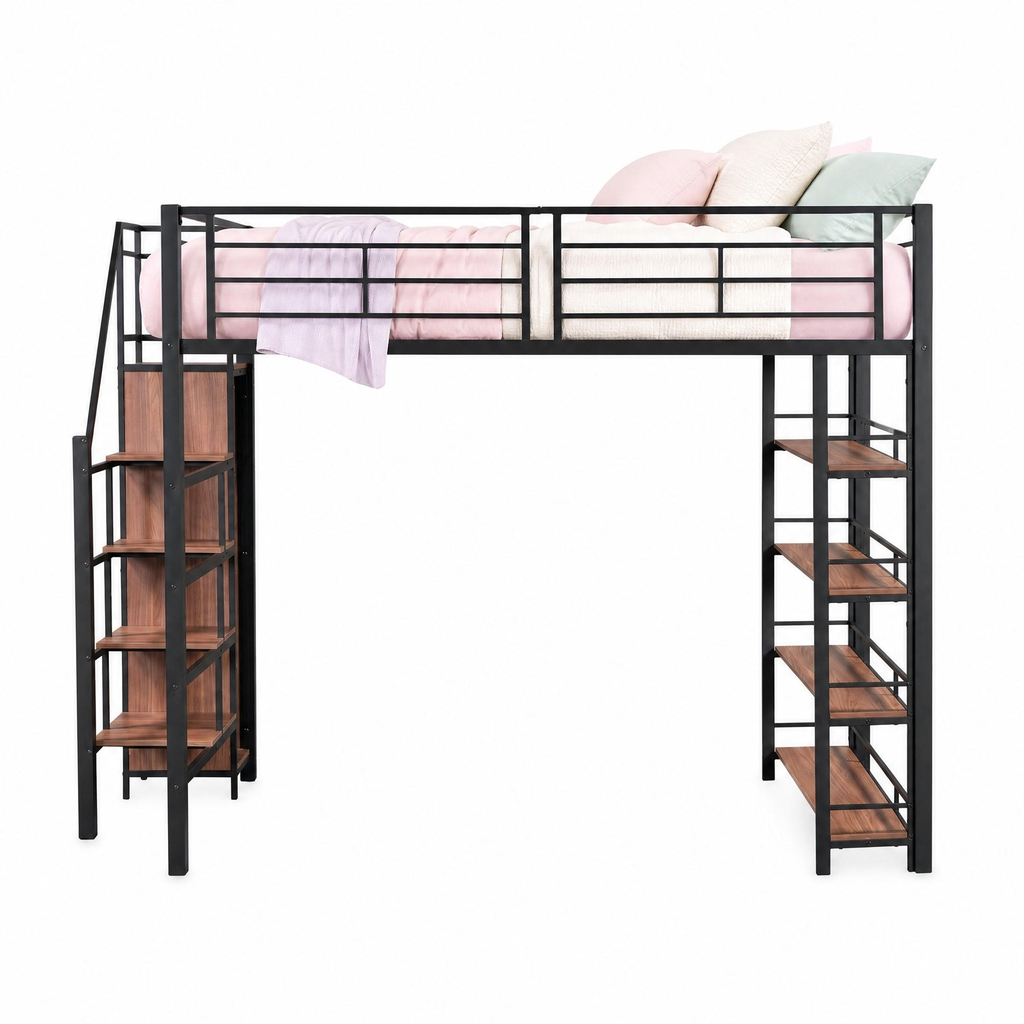 HOCHBETT 140/200 mit Sicherheitstreppe, Stauraum und Kleiderschrank in Schwarz - Schwarz, Holz/Metall (140/200cm) - EVRYAE