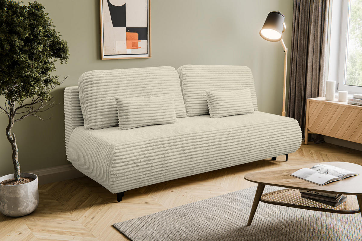 SCHLAFSOFA Etna, Sofa mit Schlaffunktion und Bettkasten, Farbe: Beige, Cordstoff, Ottomane Unsiversal - Beige, Textil (205/90cm) - VENASI MÖBEL
