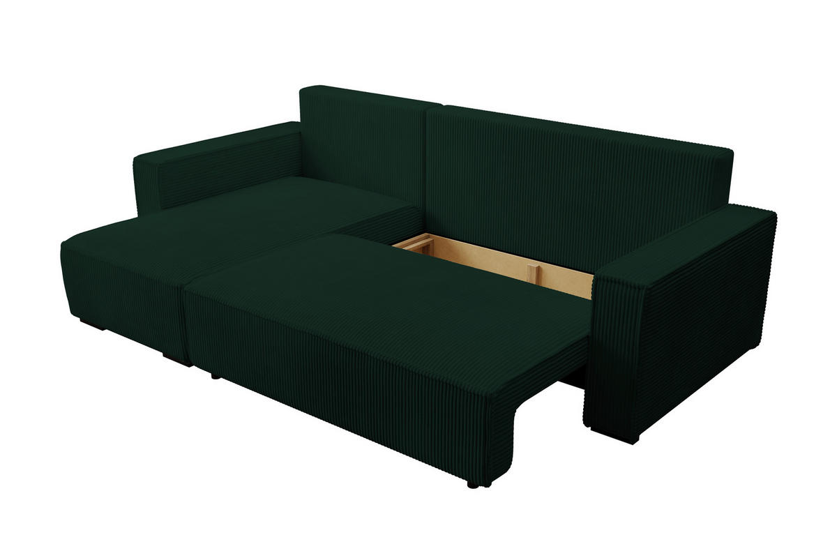 ECKSOFA CUDDY L, Eckcouch in L-Form mit Schlaffunktion und Bettkasten, Farbe: Grün, Cordstoff, Ottomane Links - Grün, Textil (240/140cm) - Storez24