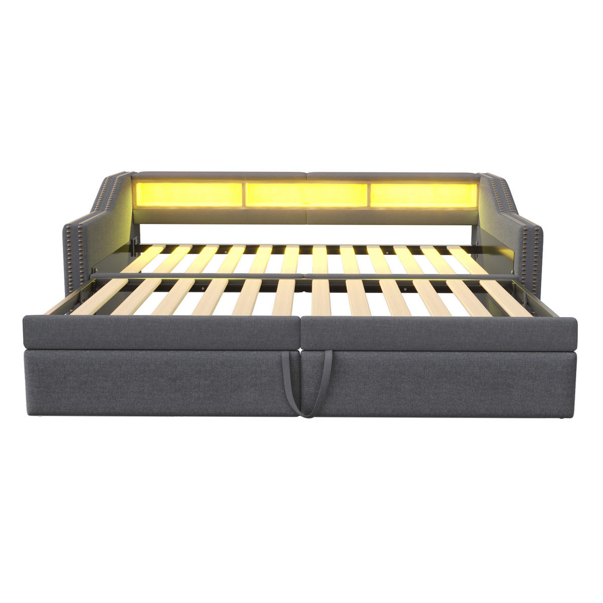 BETT aus Leinen 90/180x200 cm Dunkelgrau mit Ausziehbett, LED, USB und 3 Ablagefächern - Dunkelgrau, Textil (90/190cm) - Modfu