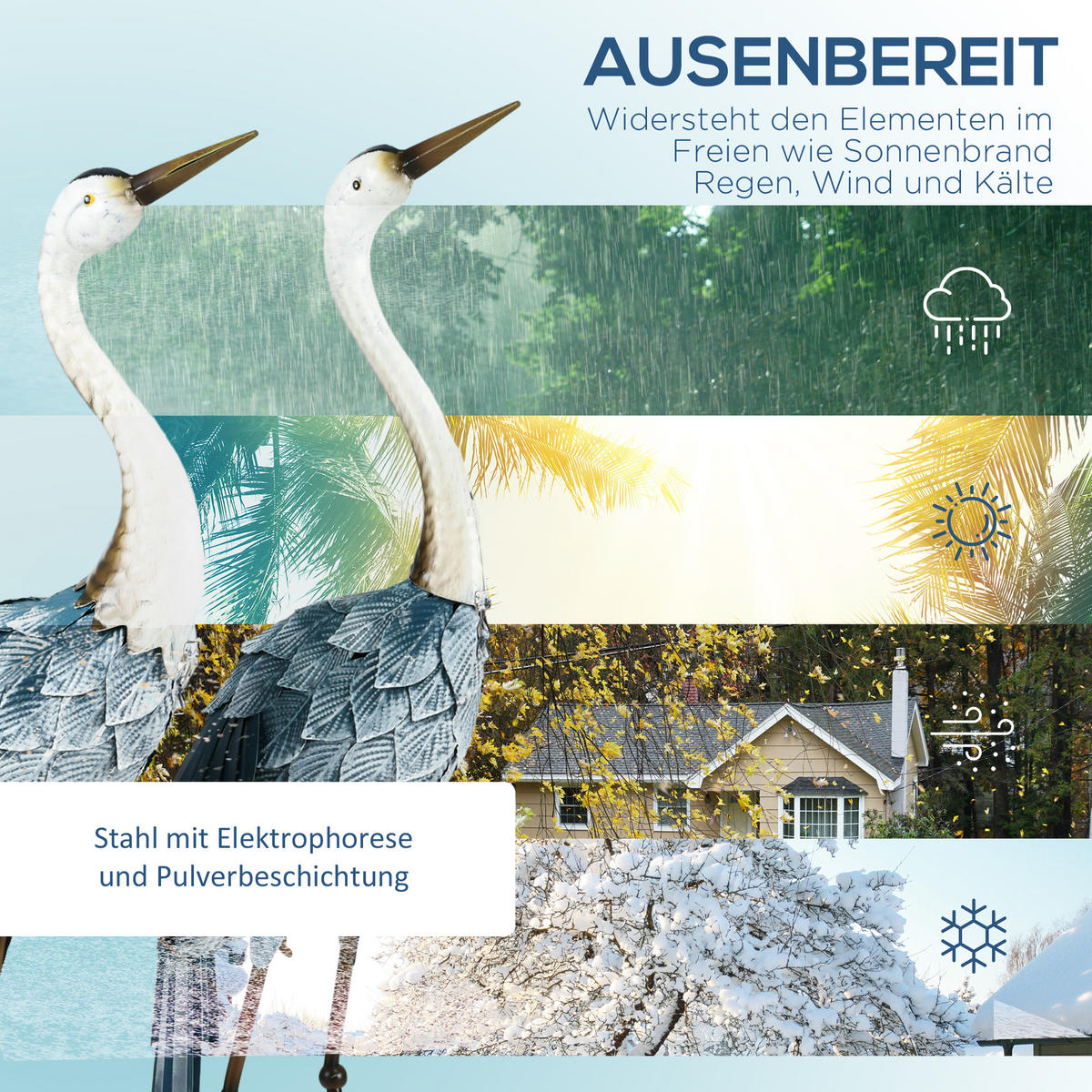 GARTENSTATUE 2er-Set Kraniche, 72,5/74 cm Gartenfigur, Gartendeko für Balkon, Terrasse - Blau, Metall (15/74/26cm) - Outsunny