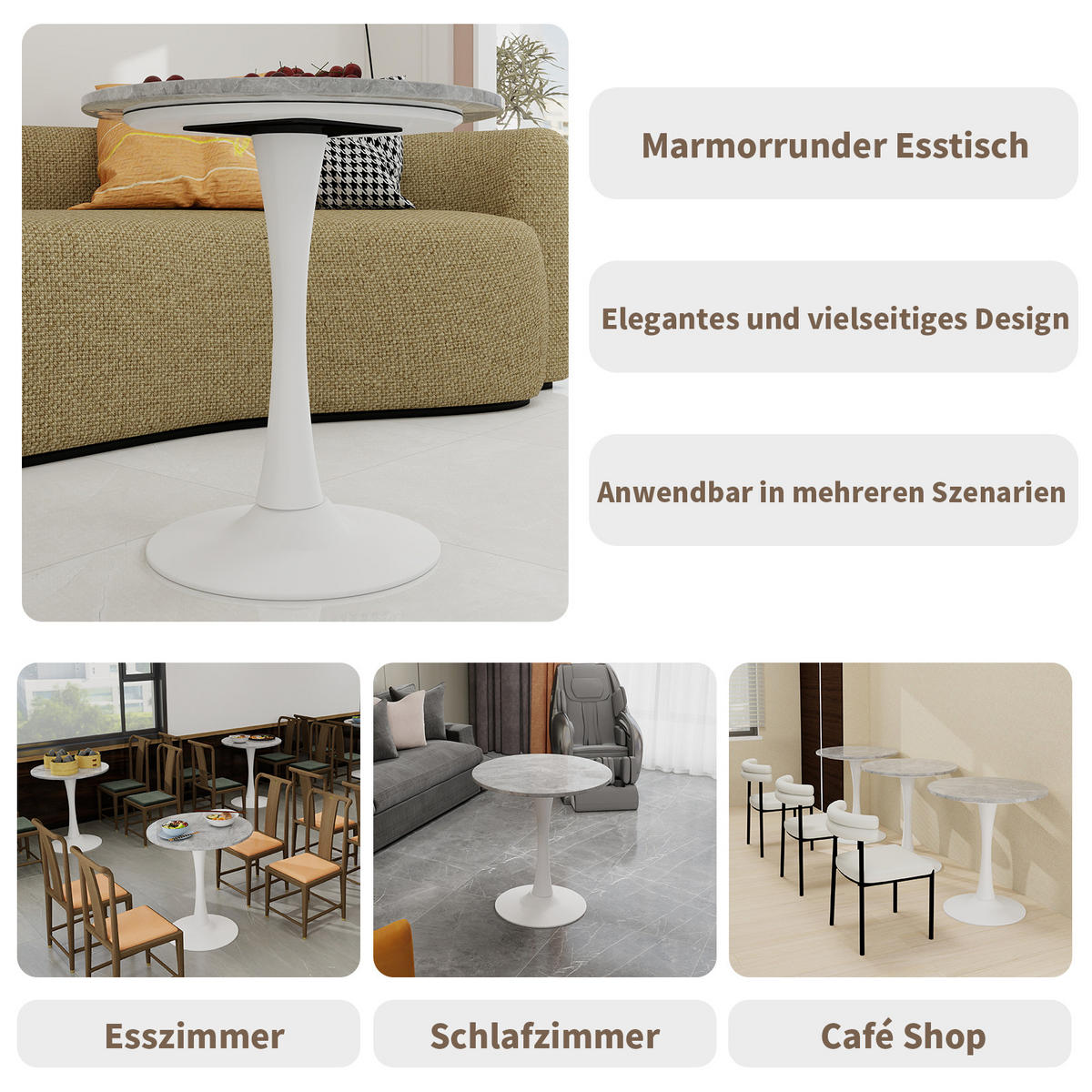 COUCHTISCH in Weiß und Grau Wohnzimmertisch mit einer runden Marmor-Tischplatte für Wohnzimmer, B70/T70/H72 cm - Goldfarben/Weiß, Stein/Metall (70/70/72cm) - STILVORA