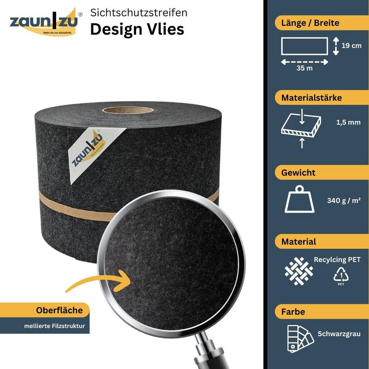 SICHTSCHUTZSTREIFEN Design Vlies für Doppelstabmatten Schwarzgrau 35m - Schwarz, Kunststoff (3500/19cm) - ZAUN|ZU